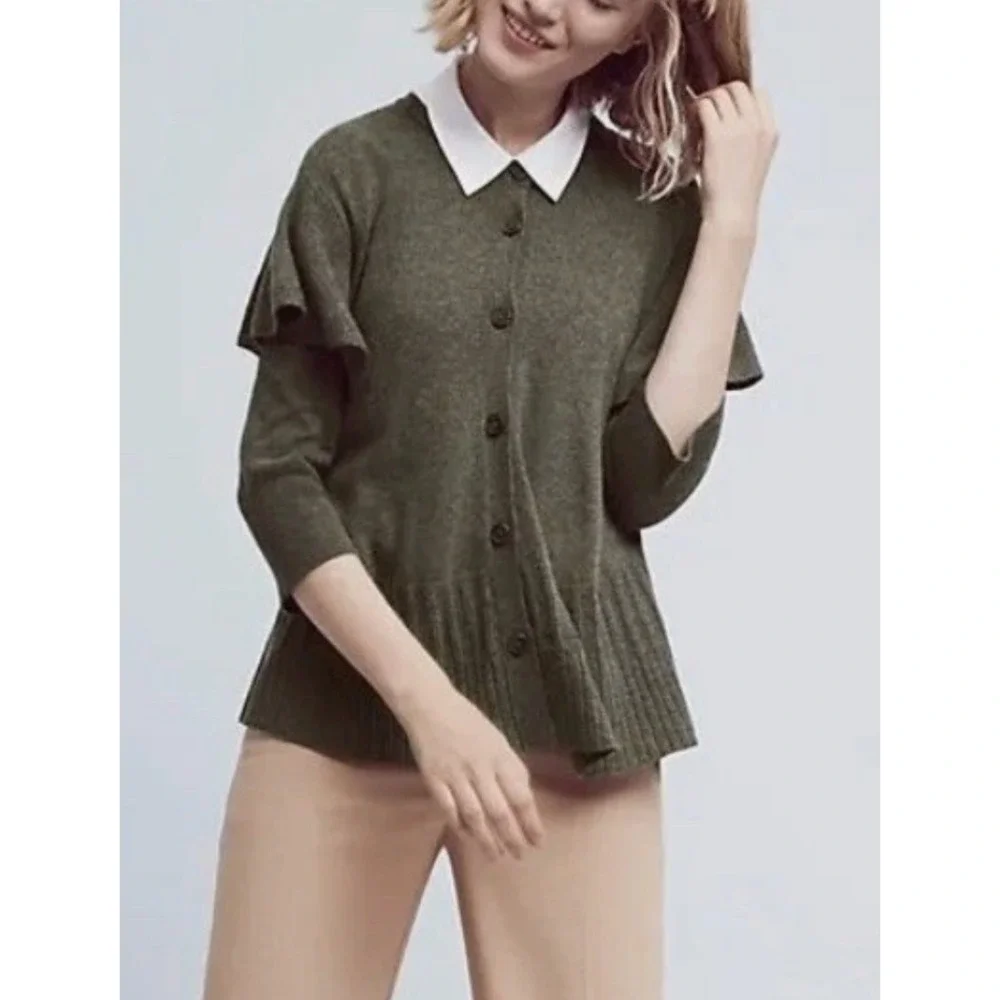 Left Of Center Cashmere Lambswool Cottagecore Cardigan‎ M Green Ruffled Sleeve